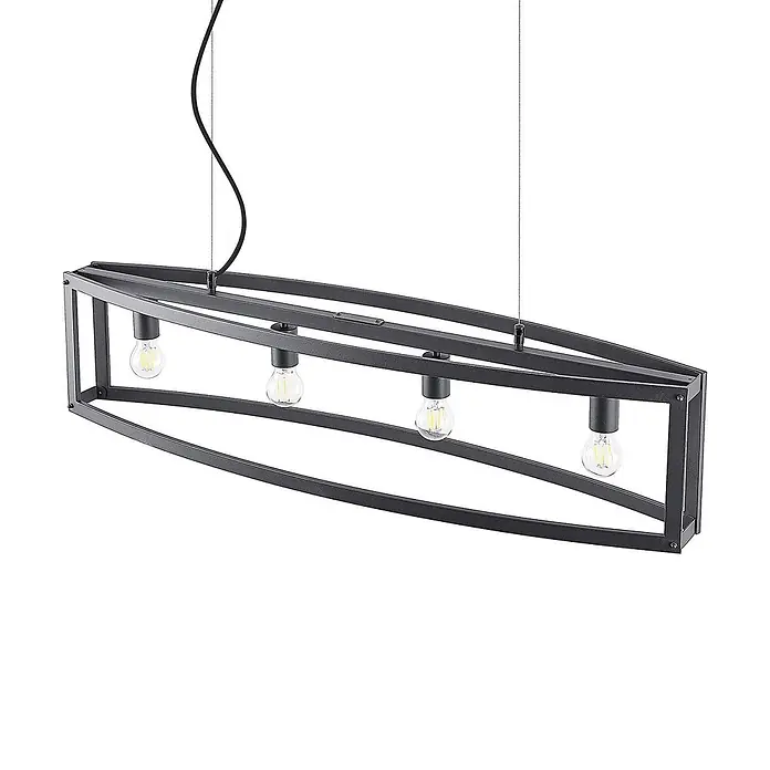 Lindby Pendelleuchte Mizgin - L x B x H: 110 x 25 x 25 cm, schwarz, Schwarz, E27 - Dunkle Metall-Hängelampe, rechteckig mit offenem Rahmen und vier sichtbaren Glühbirnen, an Drähten aufgehängt.
