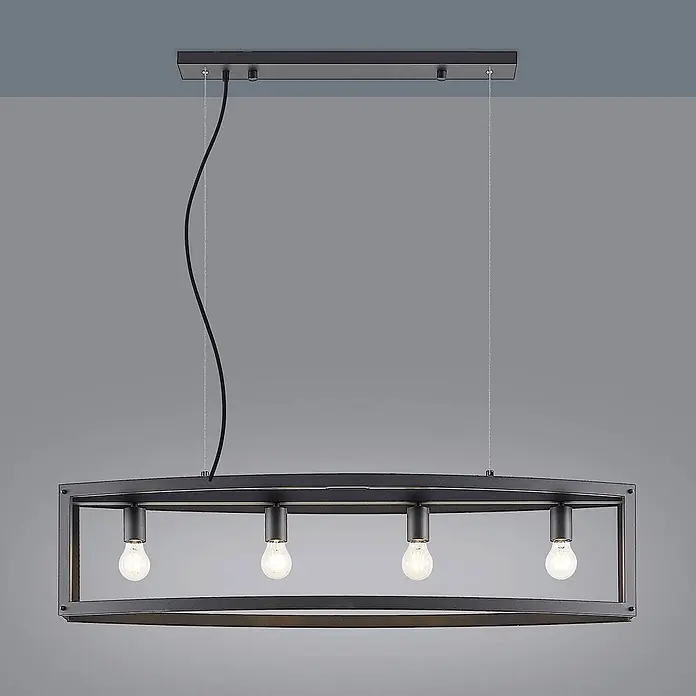 Lindby Pendelleuchte Mizgin - L x B x H: 110 x 25 x 25 cm, schwarz, Schwarz, E27 - Schwarze, rechteckige Metall-Hängeleuchte mit vier sichtbaren Glühbirnen, von der Decke hängend.