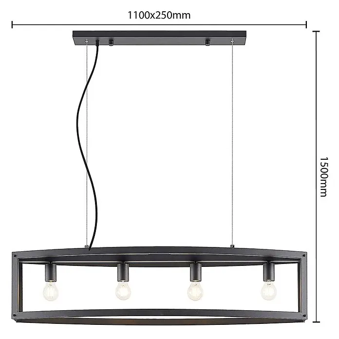 Lindby Pendelleuchte Mizgin - L x B x H: 110 x 25 x 25 cm, schwarz, Schwarz, E27 - Schwarze rechteckige Pendelleuchte mit vier sichtbaren Glühbirnen, aufgehängt an einer passenden Deckenhalterung.