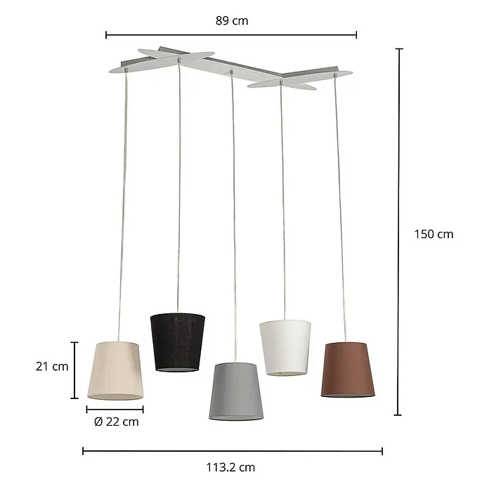 Lucande Pendelleuchte Thamila - L x B x H: 53 x 53 x 21 cm, Multicolour, karamel, Schwarz, grau, weiß, braun, E27 - Moderne fünfflammige Pendelleuchte mit linearer Halterung und Stoffschirmen in Beige, Schwarz, Grau, Weiß und Braun.