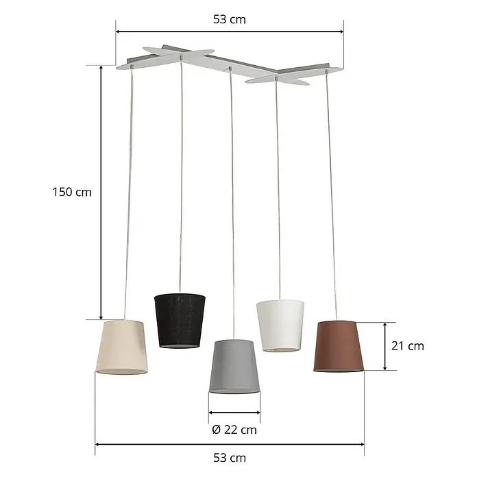 Lucande Pendelleuchte Thamila - L x B x H: 53 x 53 x 21 cm, Multicolour, karamel, Schwarz, grau, weiß, braun, E27 - Fünfflammige Pendelleuchte mit bunten Stoffschirmen und Metallbalken.