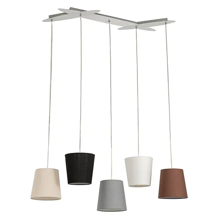 Lucande Pendelleuchte Thamila - L x B x H: 53 x 53 x 21 cm, Multicolour, karamel, Schwarz, grau, weiß, braun, E27 - Fünfflammige Pendelleuchte mit gebürsteter Metallstange und einzelnen hängenden Textilschirmen in Beige, Schwarz, Grau, Weiß und Braun.