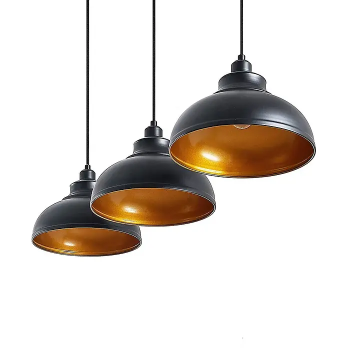 Lindby Pendelleuchte Emna - L x B x H: 101 x 29 x 16 cm, schwarz, Schwarz, gold, E27 - Drei schwarze Hängelampen in Kuppelform mit goldfarbenen Innenseiten. Modernes, industrielles Design.