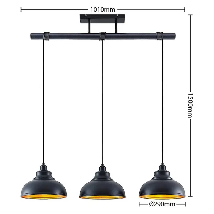 Lindby Pendelleuchte Emna - L x B x H: 101 x 29 x 16 cm, schwarz, Schwarz, gold, E27 - Dreiflammige schwarze Pendelleuchte mit goldfarbenen Innenseiten, an einer Querstange aufgehängt.