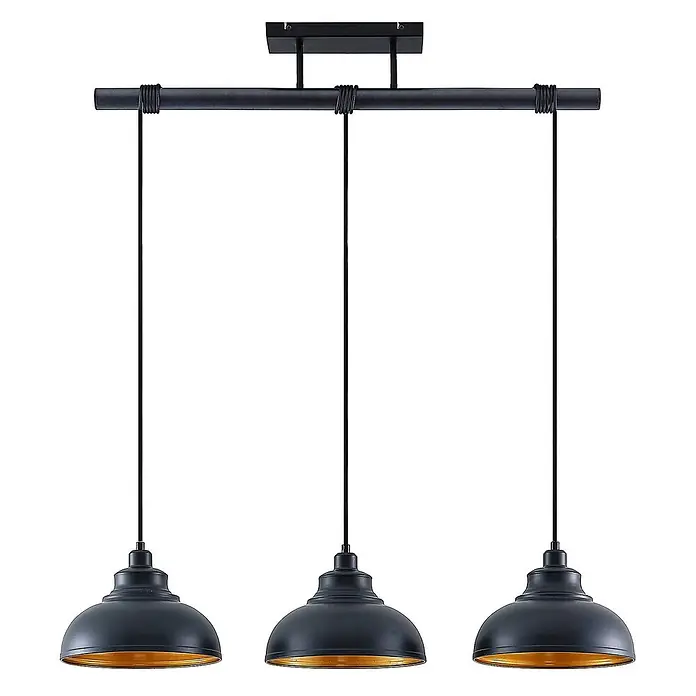 Lindby Pendelleuchte Emna - L x B x H: 101 x 29 x 16 cm, schwarz, Schwarz, gold, E27 - Schwarze Metall-Hängeleuchte mit 3 Schirmen, goldenem Inneren und horizontaler Aufhängung.