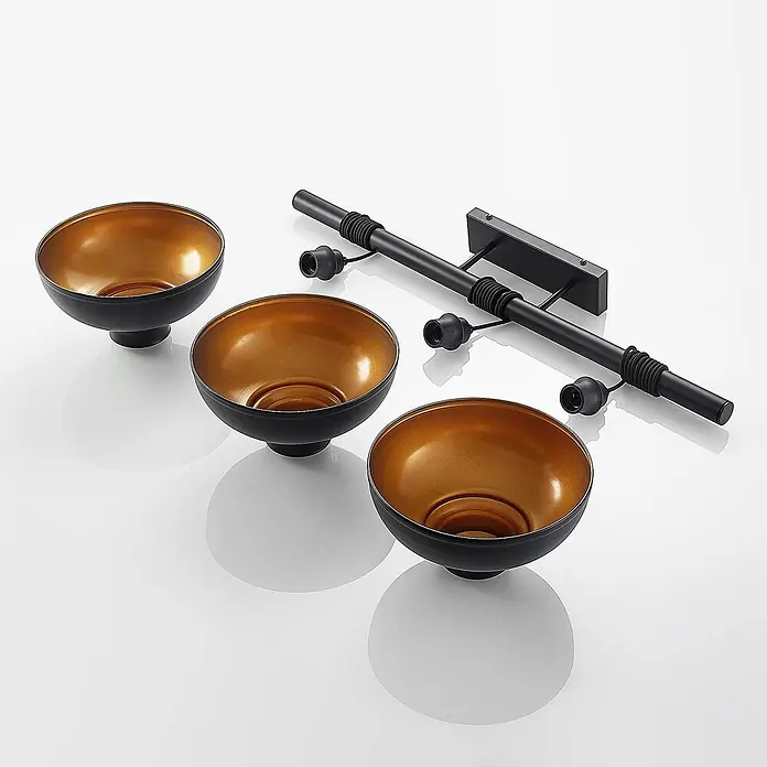 Lindby Pendelleuchte Emna - L x B x H: 101 x 29 x 16 cm, schwarz, Schwarz, gold, E27 - Schwarze Metall-Wandleuchte mit drei Schalen mit goldener Innenseite.