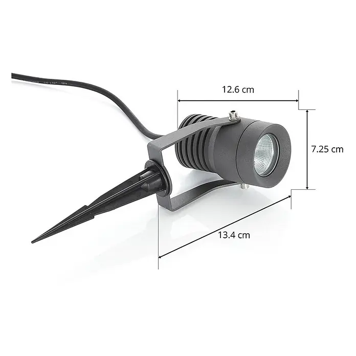 Lucande LED Gartenstrahler mit Erdspieß in dunkelgrau, Strahler Garten -  - Dunkelgrauer Gartenspot mit Erdspieß und verstellbarem Kopf, Abmessungen werden angezeigt.