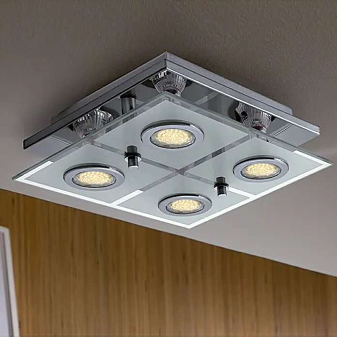 Eglo LED-Deckenleuchte Cabo - 10 W, L x B x H: 29 x 29 x 7 cm, Chrom, Weiß - Quadratische Deckenleuchte mit vier LED-Spots und einem modernen Design. Perfekt für stilvolle Innenräume und energiesparende Beleuchtung.