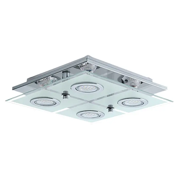 Eglo LED-Deckenleuchte Cabo - 10 W, L x B x H: 29 x 29 x 7 cm, Chrom, Weiß - Quadratische Deckenleuchte mit vier Strahlern und Glasplatte für eine stilvolle Beleuchtung.