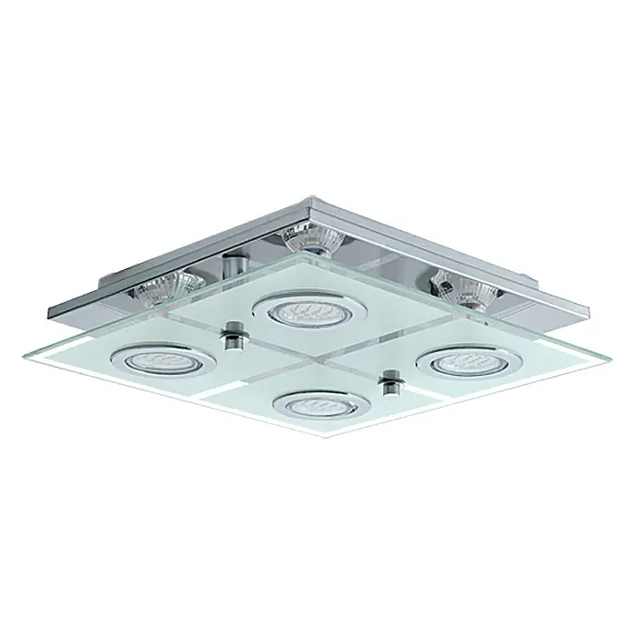 Eglo LED-Deckenleuchte Cabo - 10 W, L x B x H: 29 x 29 x 7 cm, Chrom, Weiß - Quadratische Deckenleuchte mit vier Strahlern und Glasplatte für eine stilvolle Beleuchtung.