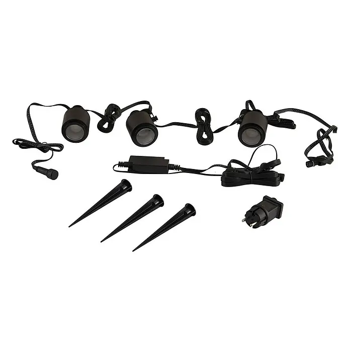 Lindby Erdspießleuchte Nymo -  - Schwarzes Gartenstrahler-Set mit drei Leuchten, Netzteil, Kabeln und Erdspießen zur Außenbeleuchtung.