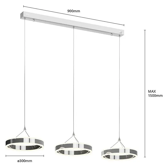 Lucande Pendelleuchte Lyani - chrom / silber, chrom, weiß satiniert - Moderne 3-flammige Pendelleuchte mit metallisch-weißen LED-Ringen, an weißer Rechteckstange. Höhenverstellbar.