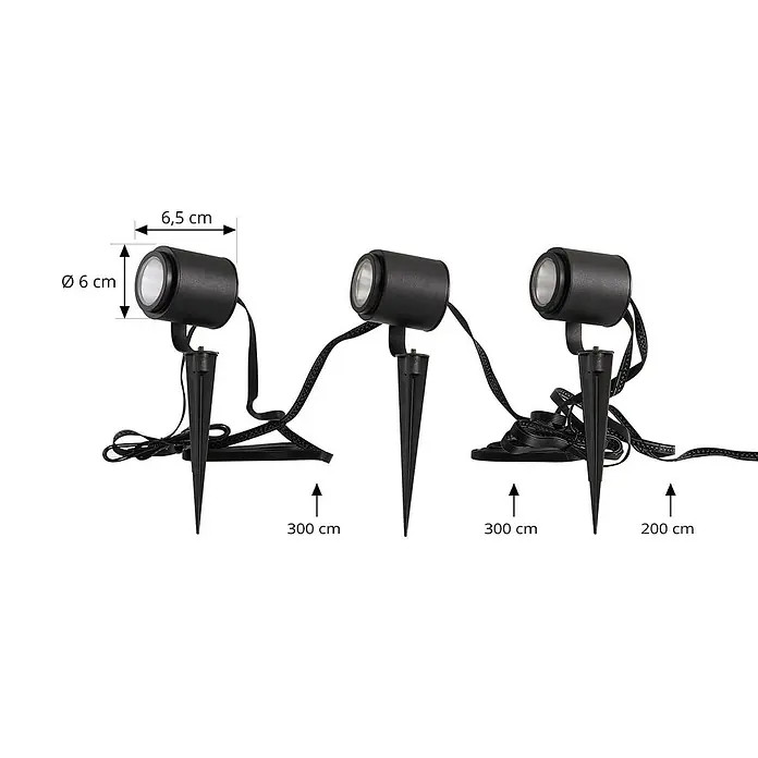 Lindby Erdspießleuchte Nymo -  - 3er-Set schwarze Gartenstrahler mit Erdspieß. Maße: Ø 6 cm x 6,5 cm. Kabellängen: 300 cm, 300 cm, 200 cm.