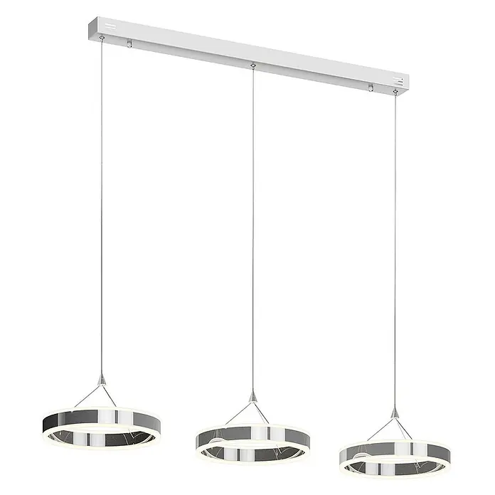 Lucande Pendelleuchte Lyani - chrom / silber, chrom, weiß satiniert - Moderne dreiflammige LED-Pendelleuchte mit silberner Rechteckleiste und drei beleuchteten Ringen.