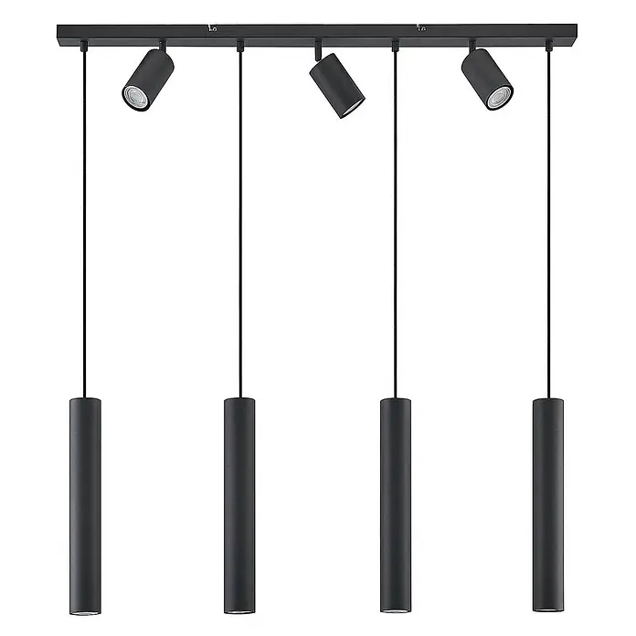 Lindby Pendelleuchte Sanad - L x B x H: 100 x 6 x 40 cm, schwarz, sandSchwarz, GU10 - Schwarze lineare Deckenleuchte mit vier Lampen: zwei verstellbare Spots und zwei zylindrische Pendelleuchten.