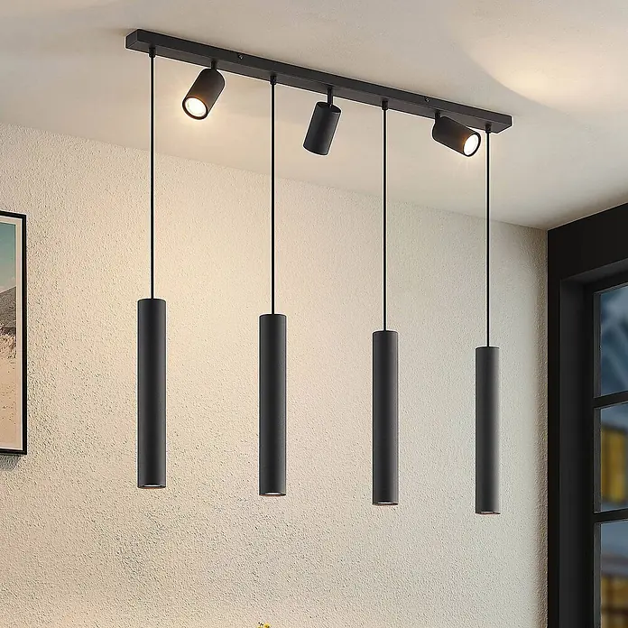 Lindby Pendelleuchte Sanad - L x B x H: 100 x 6 x 40 cm, schwarz, sandSchwarz, GU10 - Schwarze Deckenleuchte mit rechteckiger Schiene, drei verstellbaren Strahlern und vier zylindrischen Pendelleuchten.