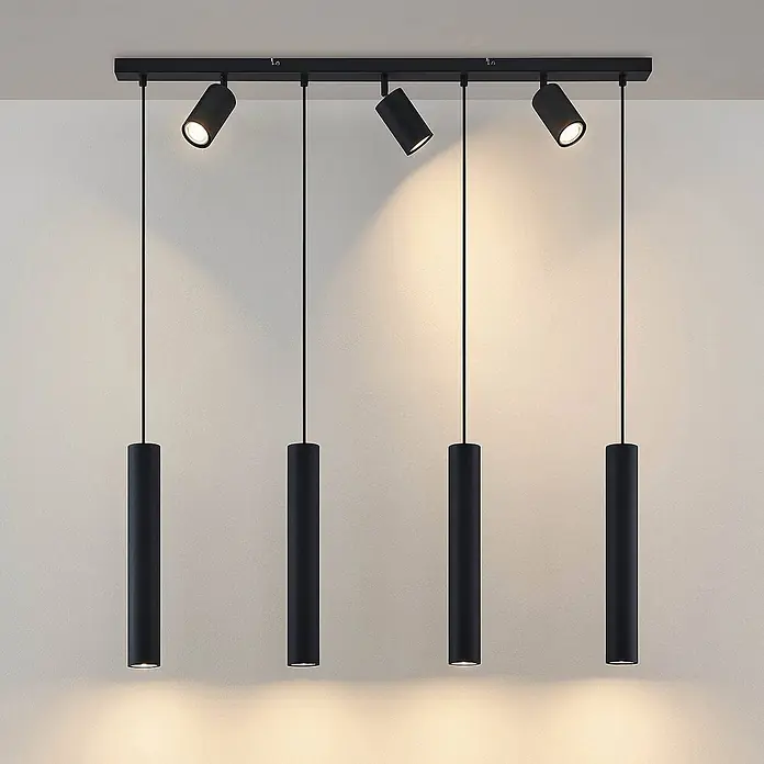 Lindby Pendelleuchte Sanad - L x B x H: 100 x 6 x 40 cm, schwarz, sandSchwarz, GU10 - Schwarze Deckenlampe mit vier verstellbaren Strahlern und vier schwarzen zylindrischen Pendelleuchten.