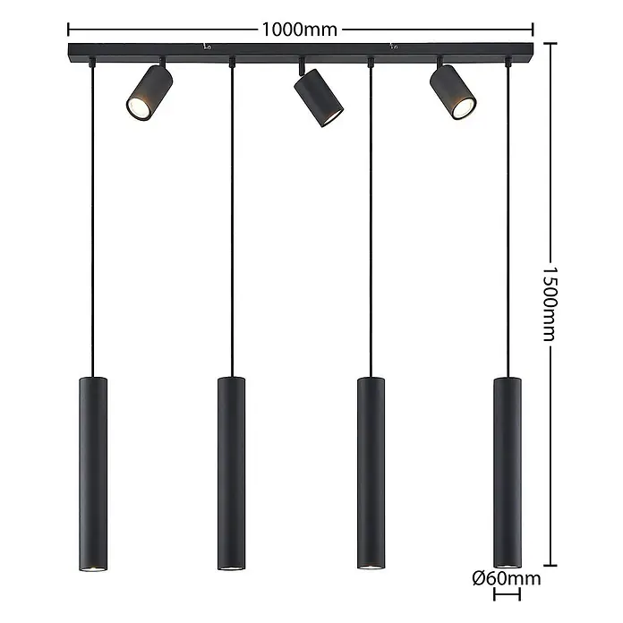 Lindby Pendelleuchte Sanad - L x B x H: 100 x 6 x 40 cm, schwarz, sandSchwarz, GU10 - Schwarze Deckenleuchte mit 1000mm Schiene, zwei verstellbaren Strahlern und vier zylindrischen Pendelleuchten (Ø60mm), Gesamthöhe 1500mm.