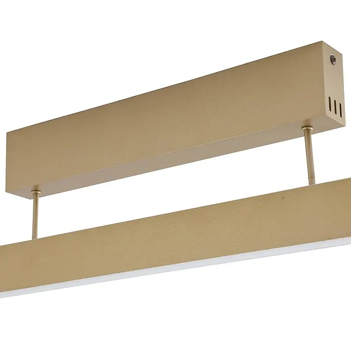 Lucande Deckenleuchte Mylosh - messing / gold - Mattgoldene lineare Metallleuchte, rechteckig mit weißem Diffusor, an Stangen aufgehängt.