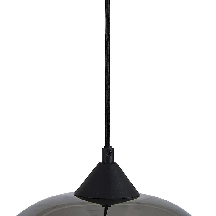 Lindby Pendelleuchte Arloris - alu / grau / zink, rauchgrau, Schwarz, E27 - Schwarze Pendelleuchte mit geflochtenem Kabel, konischem Baldachin und Rauchglas-Schirm.