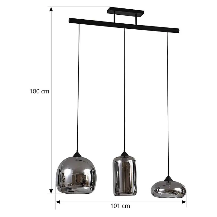 Lindby Pendelleuchte Arloris - alu / grau / zink, rauchgrau, Schwarz, E27 - Moderne Hängelampe mit drei unterschiedlich geformten Chromglas-Schirmen an schwarzer Stange. Gesamtmaße 180x101 cm.
