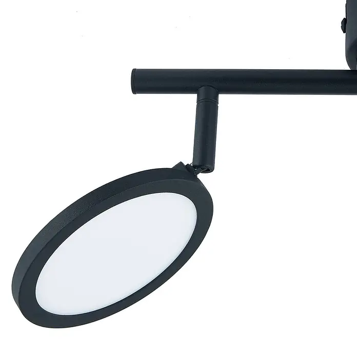 Lindby Deckenstrahler Manel - schwarz, schwarz - Schwarzer, ovaler LED-Strahler mit weißer Diffusorfläche, an einer schwarzen Stange montiert.