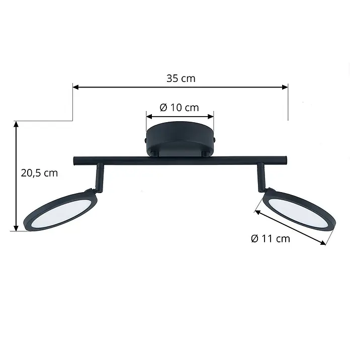 Lindby Deckenstrahler Manel - schwarz, schwarz - Schwarze Deckenlampe aus Metall mit zwei verstellbaren ovalen Strahlern und Maßen.