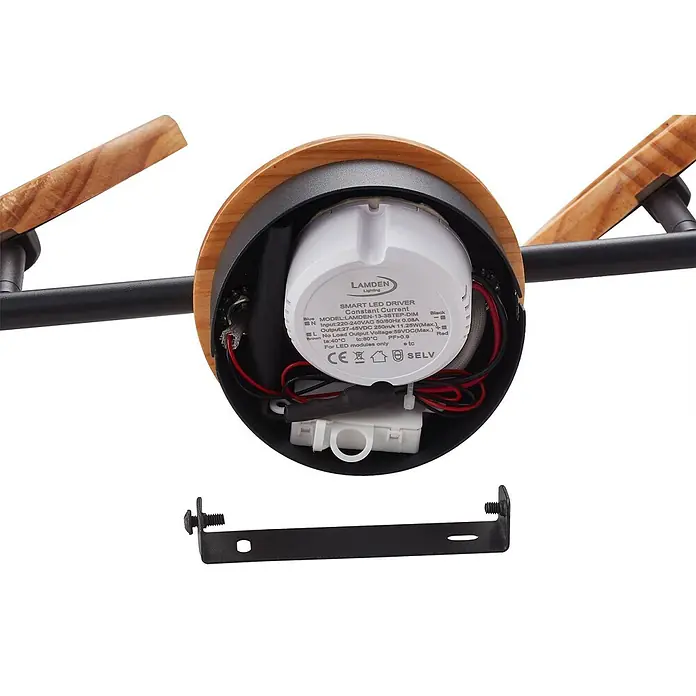 Lindby Deckenstrahler Manel - L x B x H: 37 x 13 x 22 cm, Holz hell, Holz hell - Weißer LED-Treiber in schwarzer Metallleuchte mit Holzarmen, daneben eine separate schwarze Montagehalterung.