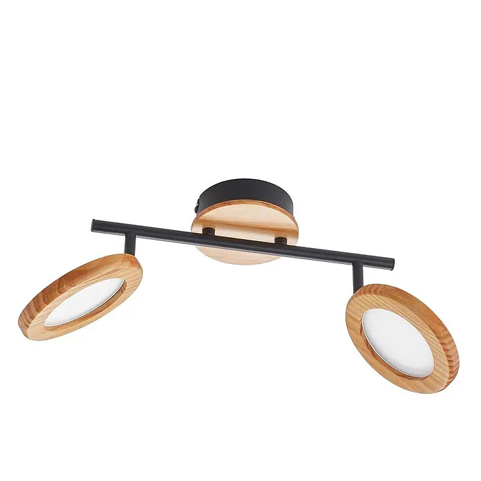 Lindby Deckenstrahler Manel - L x B x H: 37 x 13 x 22 cm, Holz hell, Holz hell - Deckenleuchte aus schwarzem Metall und hellem Holz mit zwei ovalen Strahlern.