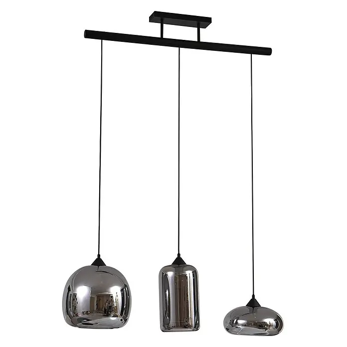 Lindby Pendelleuchte Arloris - alu / grau / zink, rauchgrau, Schwarz, E27 - Moderne schwarze Pendelleuchte mit drei verspiegelten Glasschirmen in verschiedenen Formen.