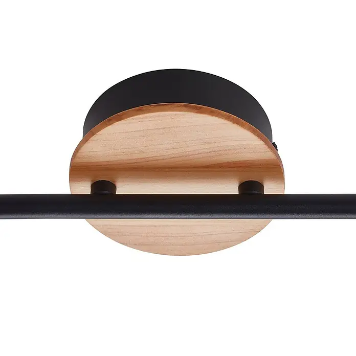 Lindby Deckenstrahler Manel - L x B x H: 37 x 13 x 22 cm, Holz hell, Holz hell - Schwarze Deckenhalterung mit hellem Holz-Akzent und schwarzer Querstrebe.