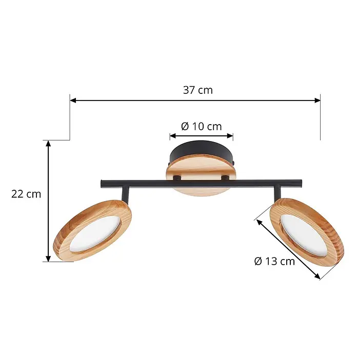Lindby Deckenstrahler Manel - L x B x H: 37 x 13 x 22 cm, Holz hell, Holz hell - Deckenstrahler schwarz/Holz, 37x22 cm, mit zwei Ø13 cm Köpfen und Ø10 cm Basis.