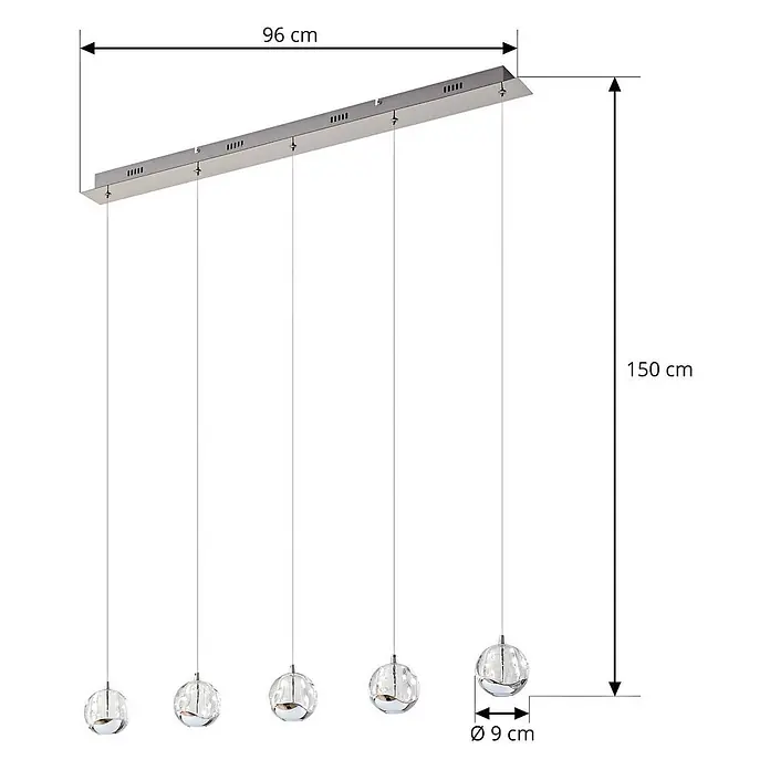 Lucande Pendelleuchte Hayley - L x B x H: 96 x 9 x 9 cm, klar / transparent, klar, chrom - Lineare Pendelleuchte mit fünf klaren, strukturierten Glaskugeln an einer gebürsteten Metallstange, 96 cm lang und 150 cm hoch.