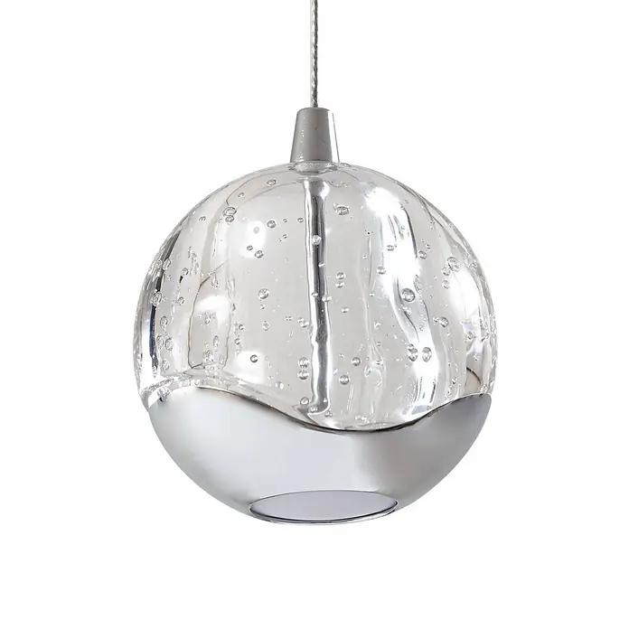 Lucande Pendelleuchte Hayley - L x B x H: 96 x 9 x 9 cm, klar / transparent, klar, chrom - Kugelförmige Hängeleuchte aus klarem Glas mit Blasen und einem Chromboden, an einem silbernen Kabel aufgehängt.