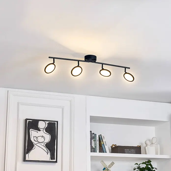 Lindby Deckenstrahler Manel - L x B x H: 82 x 13 x 21 cm, schwarz, schwarz - Schwarze Metall-Deckenleuchte mit vier runden Strahlern.