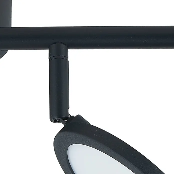 Lindby Deckenstrahler Manel - L x B x H: 82 x 13 x 21 cm, schwarz, schwarz - Nahaufnahme einer mattschwarzen Stromschienenleuchte mit verstellbarem, flachem Spotkopf und weißem Diffusor.