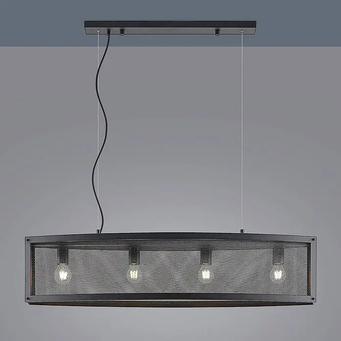 Lindby Pendelleuchte Mizgin - L x B x H: 110 x 25 x 25 cm, schwarz, Schwarz, E27 - Schwarze lineare Hängelampe aus Metallgeflecht mit vier sichtbaren Glühbirnen.