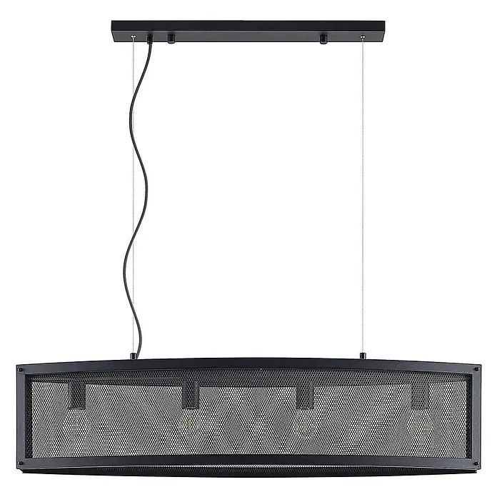 Lindby Pendelleuchte Mizgin - L x B x H: 110 x 25 x 25 cm, schwarz, Schwarz, E27 - Schwarze, rechteckige Pendelleuchte mit Metallgeflecht-Schirm und vier sichtbaren Glühbirnen, aufgehängt an einer Deckenplatte.