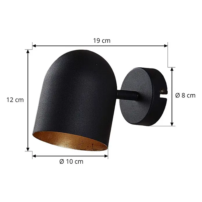 Lindby Deckenstrahler Morik - L x B x H: 19 x 10 x 12 cm, schwarz, schwarz, E14 - Schwarze Wandleuchte mit goldener Innenseite, Maße: 19x12 cm, Schirm Ø10 cm, Basis Ø8 cm.