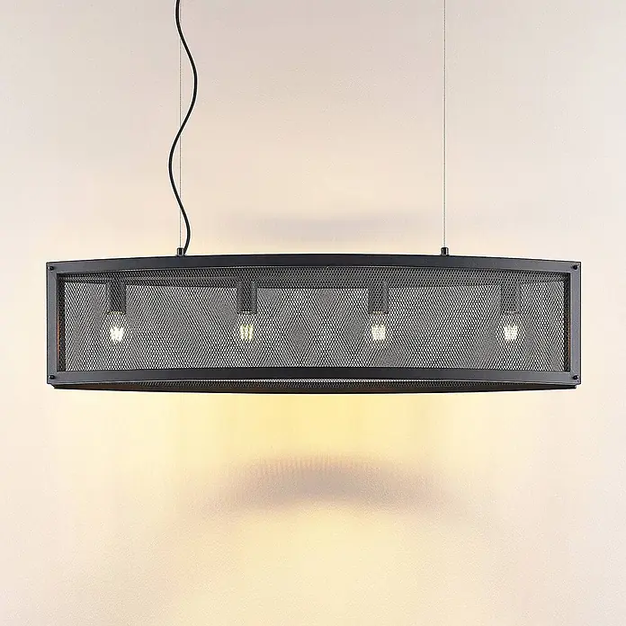 Lindby Pendelleuchte Mizgin - L x B x H: 110 x 25 x 25 cm, schwarz, Schwarz, E27 - Schwarze, rechteckige Pendelleuchte mit Metallgeflechtrahmen und vier beleuchteten Glühbirnen.