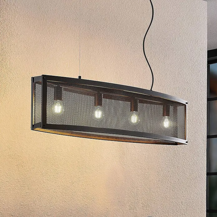 Lindby Pendelleuchte Mizgin - L x B x H: 110 x 25 x 25 cm, schwarz, Schwarz, E27 - Schwarze, rechteckige Pendelleuchte aus Gittergeflecht mit vier sichtbaren Glühbirnen, von der Decke hängend.