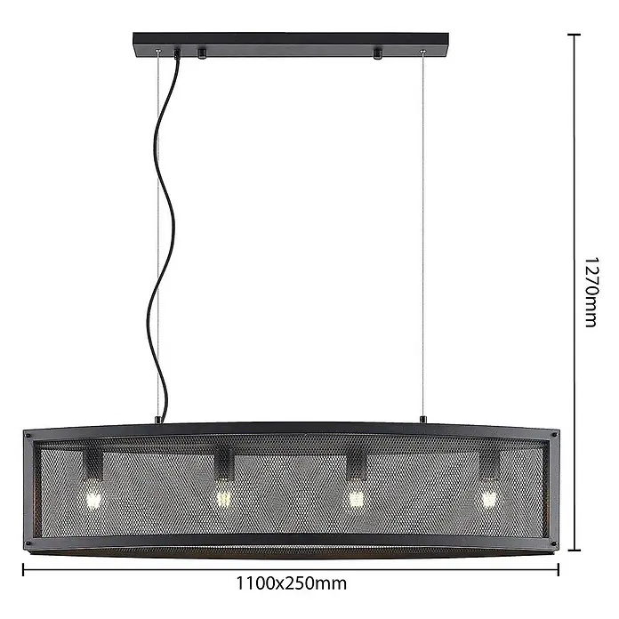 Lindby Pendelleuchte Mizgin - L x B x H: 110 x 25 x 25 cm, schwarz, Schwarz, E27 - Schwarze, rechteckige Pendelleuchte aus Metallgitter mit vier Edison-Glühbirnen, aufgehängt an Kabeln.