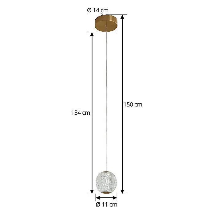 Lucande Pendelleuchte Ismenia - klar / transparent, messing antik, transparent - Goldfarbene Pendelleuchte mit 14 cm Deckenrosette und 11 cm runder klarer strukturierter Glasschirm, Gesamthöhe 150 cm.