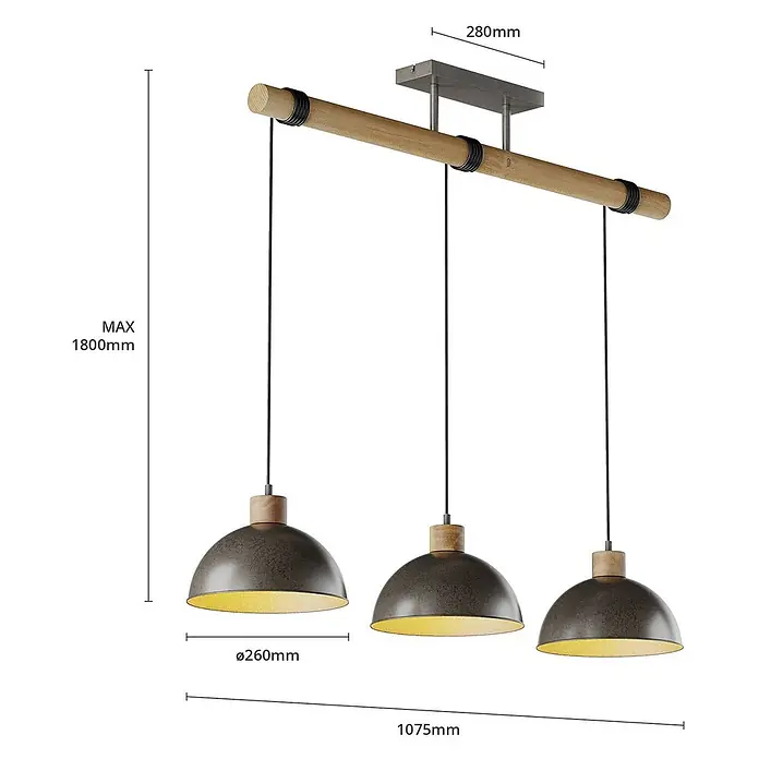 Lindby Pendelleuchte Holgar - L x B x H: 107,5 x 26,5 x 37,5 cm, alu / grau / zink, grau, holz hell, E27 - Dreiflammige Pendelleuchte mit Holzstange und dunkelgrauen Metallschirmen mit goldener Innenseite, an schwarzen Kabeln.