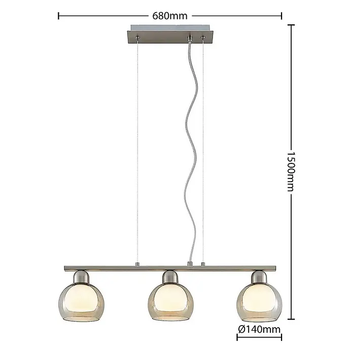 Lucande Pendelleuchte Kaiya - L x B x H: 68 x 14 x 7,8 cm, nickel, weiß, rauchgrau, E14 - Gebürstete Metall-3-flammige Pendelleuchte mit gerader Stange und drei runden, getönten Glasschirmen.