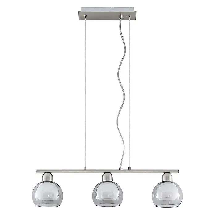 Lucande Pendelleuchte Kaiya - L x B x H: 68 x 14 x 7,8 cm, nickel, weiß, rauchgrau, E14 - Moderne Pendelleuchte aus gebürstetem Metall mit drei klaren Glaskugelschirmen, an Kabeln aufgehängt.