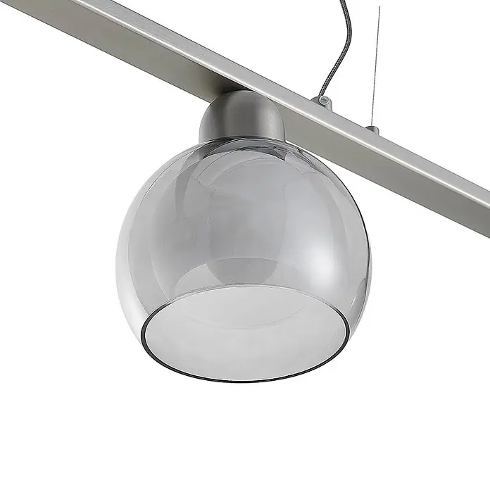 Lucande Pendelleuchte Kaiya - L x B x H: 68 x 14 x 7,8 cm, nickel, weiß, rauchgrau, E14 - Moderne Pendelleuchte mit gebürsteter Silberstange und kugelförmigem Rauchglas-Schirm.