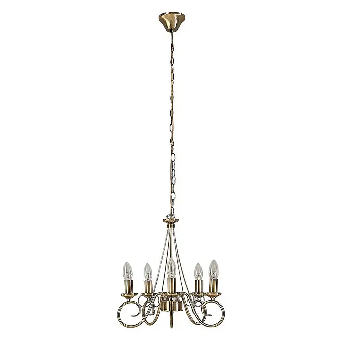 Lindby Kronleuchter Marnia - bronze / altmessing, altmessing, E14 - Hängelampe aus antikem Messing mit fünf kerzenförmigen Glühbirnen, an einer Kette hängend.