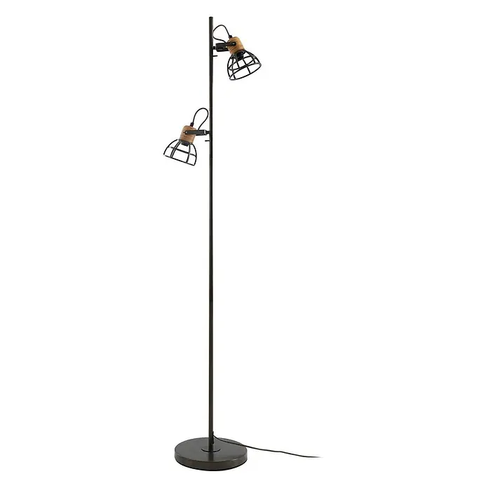 Lindby Stehleuchte Arinthea - Höhe: 153 cm, schwarz, schwarz, E14 - Industrielle Stehlampe aus dunklem Metall mit zwei verstellbaren Strahlern, Käfigschirmen und Holzdetails, auf rundem Fuß.