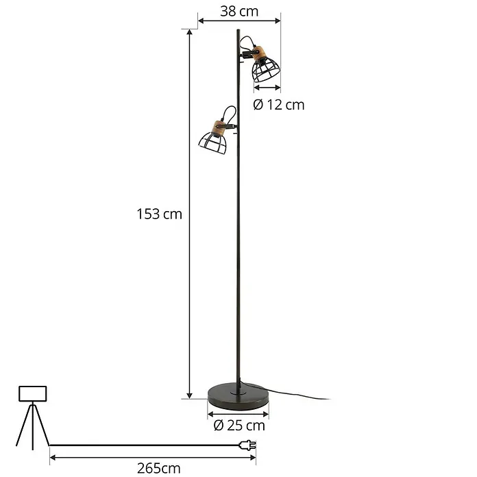 Lindby Stehleuchte Arinthea - Höhe: 153 cm, schwarz, schwarz, E14 - Hohe Stehleuchte aus dunklem Metall mit zwei verstellbaren Spotköpfen und Holzdetails. Kabellänge 265cm.